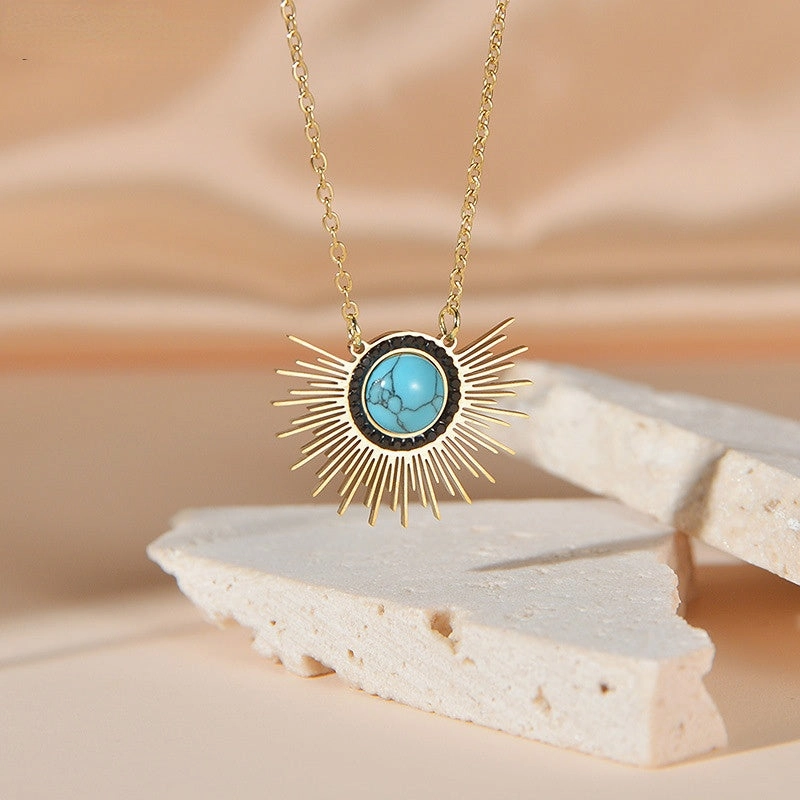 Wholesale Titanium Steel Sunflower Turquoise Pendant Necklace