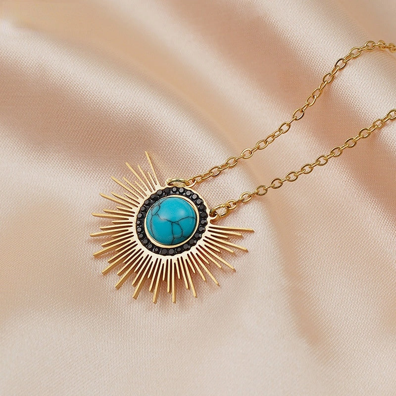 Wholesale Titanium Steel Sunflower Turquoise Pendant Necklace