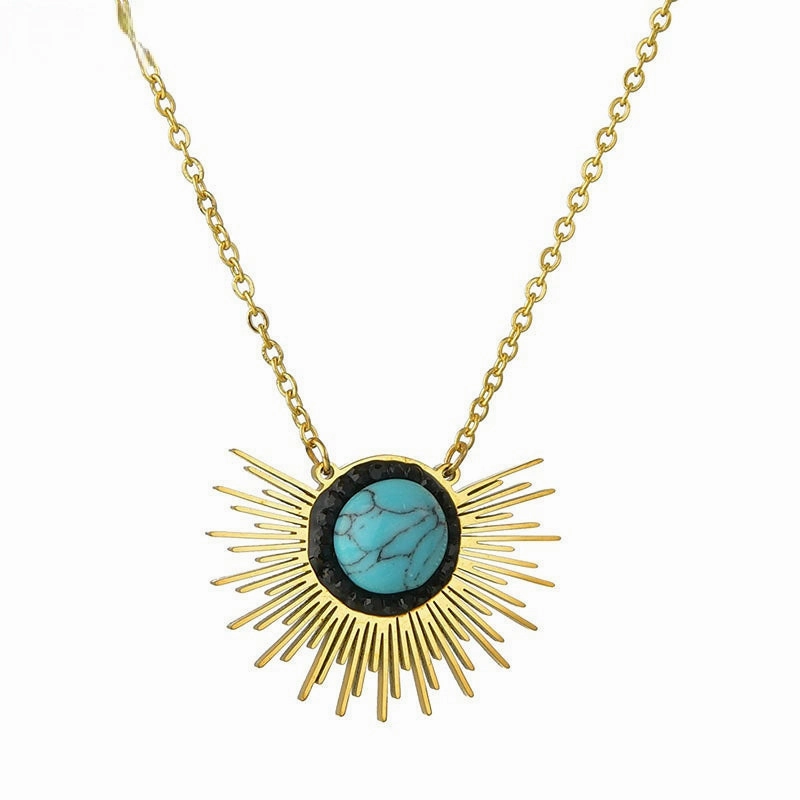 Wholesale Titanium Steel Sunflower Turquoise Pendant Necklace