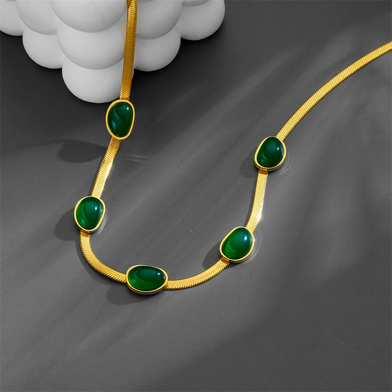 Wholesale Titanium Steel Vintage Emerald Flat Snake Chain Necklace