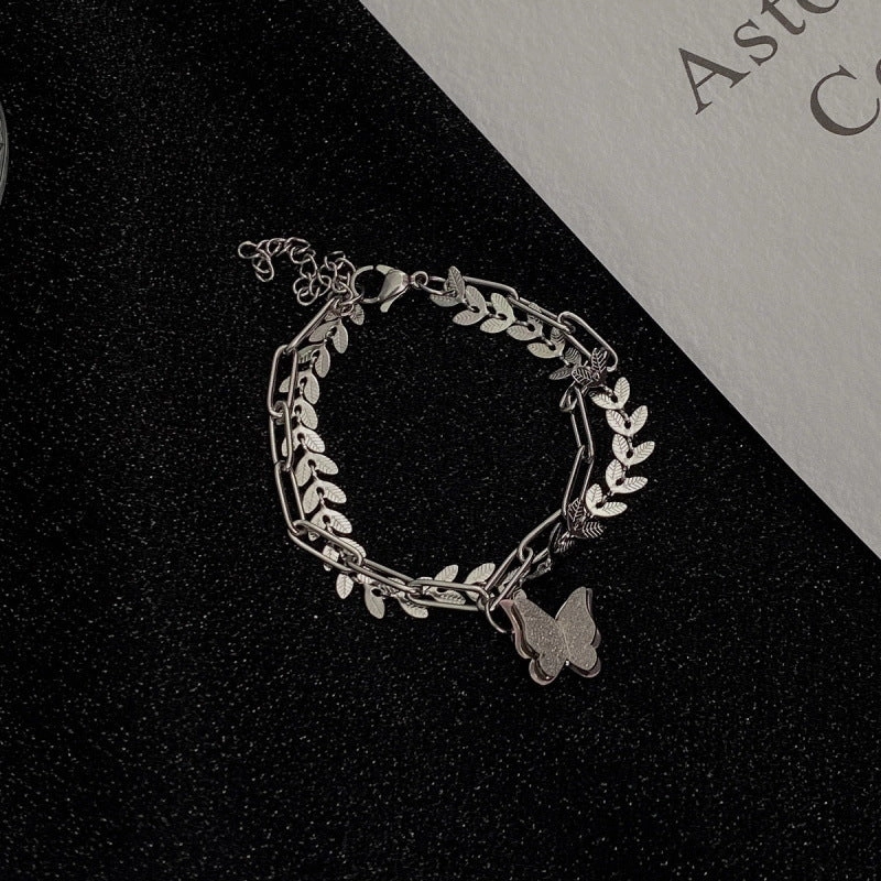 Wholesale Titanium Steel Wheat Ears Handmade Chain Double Layer Butterfly Bracelet