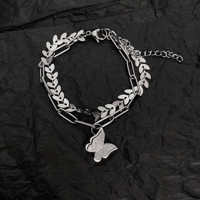 Wholesale Titanium Steel Wheat Ears Handmade Chain Double Layer Butterfly Bracelet