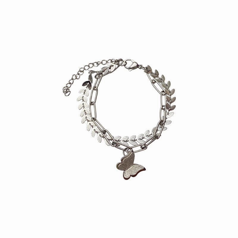 Wholesale Titanium Steel Wheat Ears Handmade Chain Double Layer Butterfly Bracelet