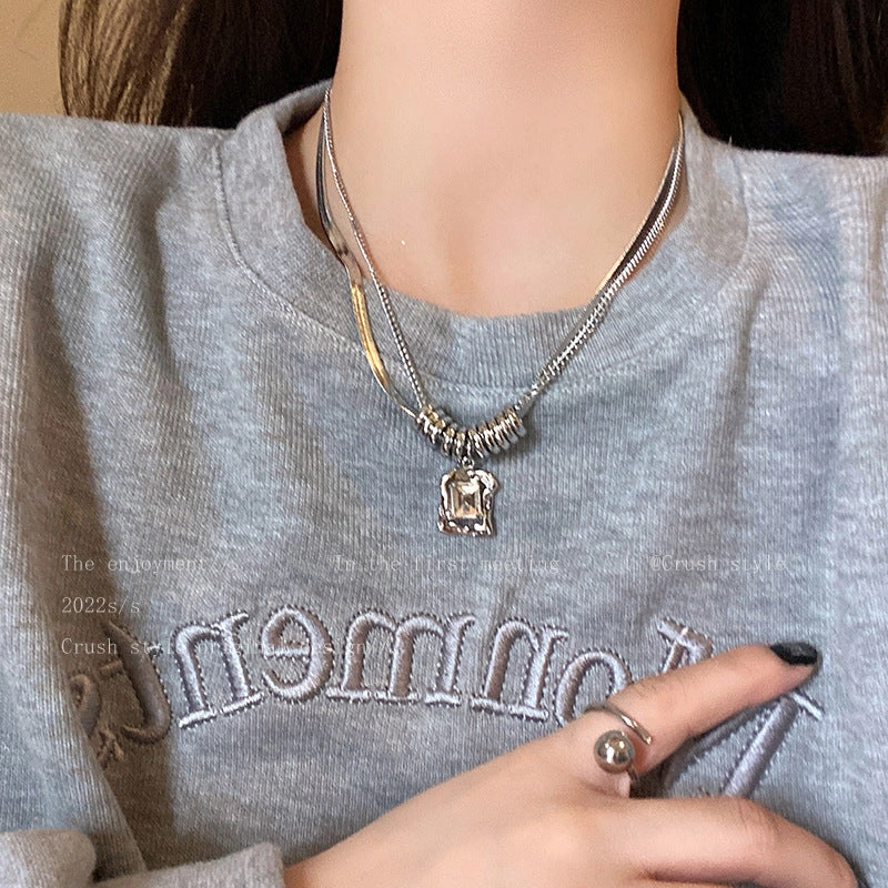 Wholesale Titanium Steel Zircon Double Layer Necklace Sweater Chain Clavicle Chain
