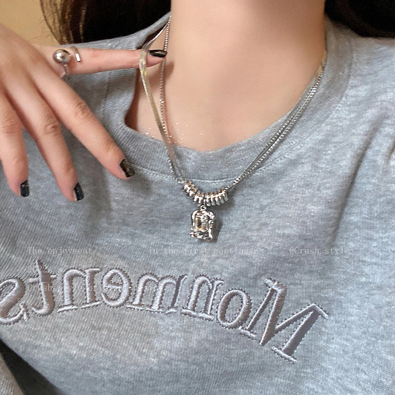 Wholesale Titanium Steel Zircon Double Layer Necklace Sweater Chain Clavicle Chain
