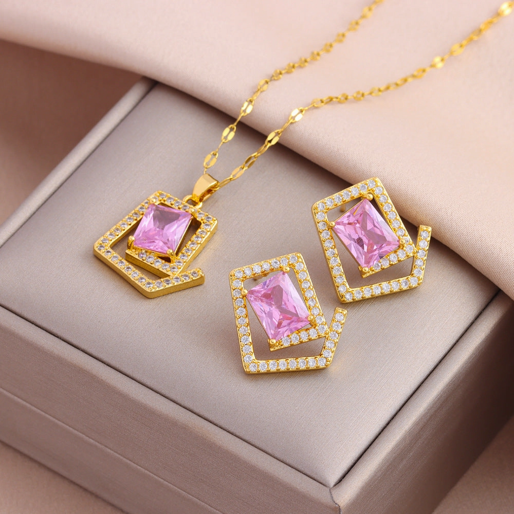 Wholesale Titanium Steel Zircon Earring Necklace Set
