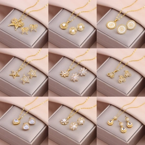 Wholesale Titanium Steel Zircon Earring Necklace Set