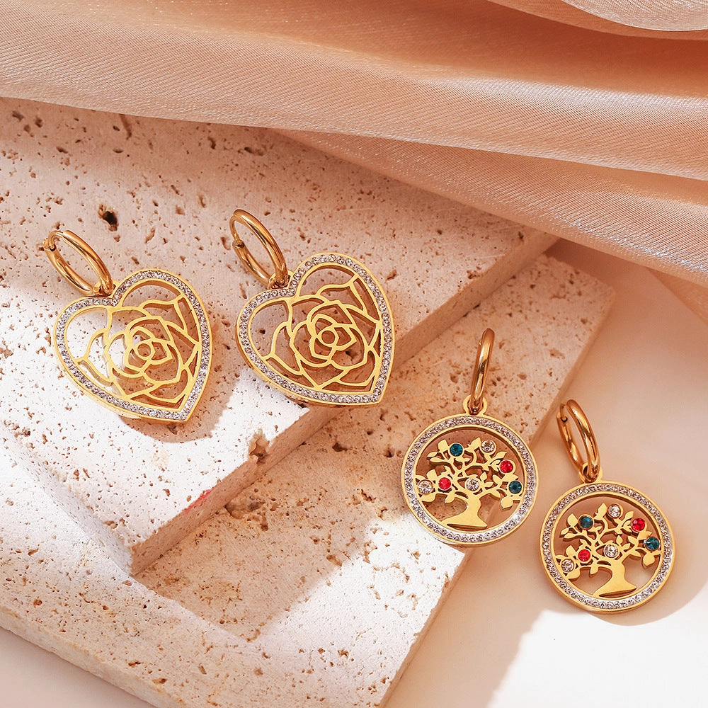 Wholesale Titanium Steel Zircon Rose Heart Pendant Tree of Life Earrings