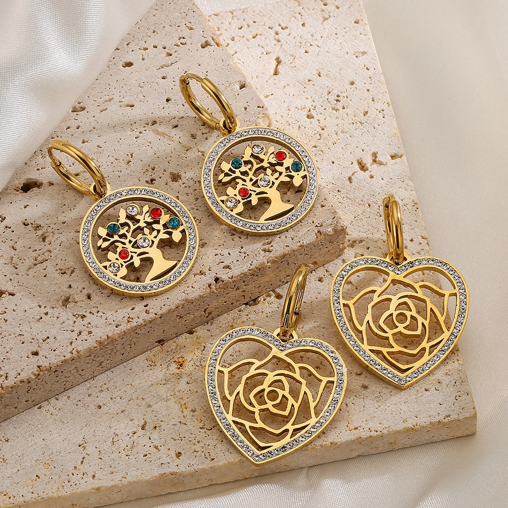 Wholesale Titanium Steel Zircon Rose Heart Pendant Tree of Life Earrings