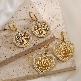 Wholesale Titanium Steel Zircon Rose Heart Pendant Tree of Life Earrings