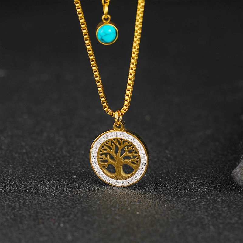 Wholesale Tree of Life Double Layer 18k Gold Titanium Steel Necklaces