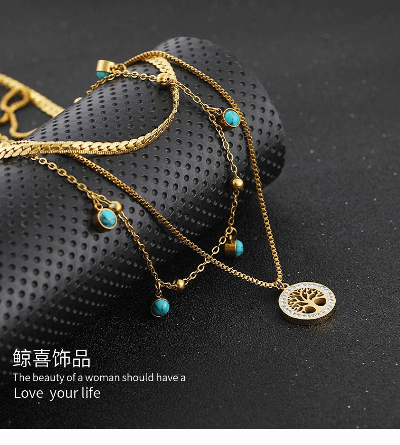 Wholesale Tree of Life Double Layer 18k Gold Titanium Steel Necklaces