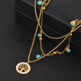 Wholesale Tree of Life Double Layer 18k Gold Titanium Steel Necklaces