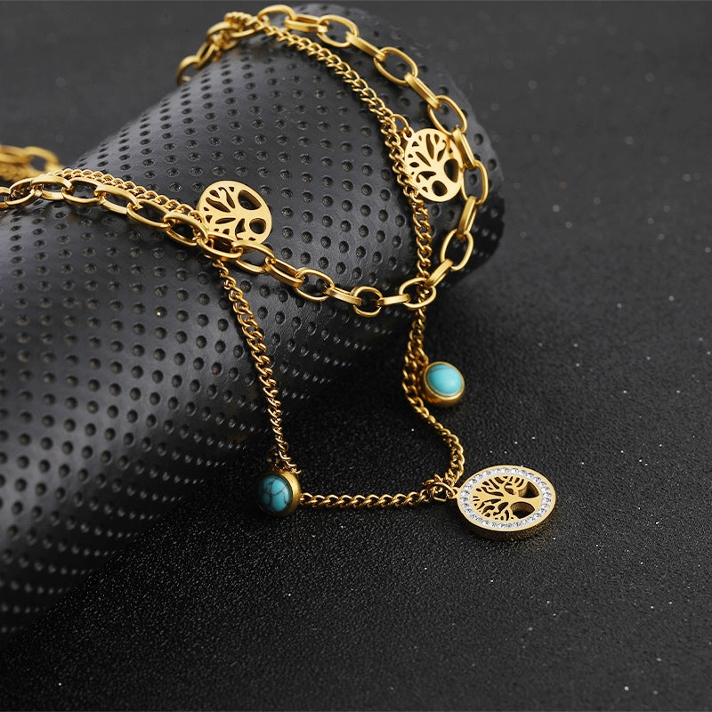 Wholesale Tree of Life Double Layer 18k Gold Titanium Steel Necklaces