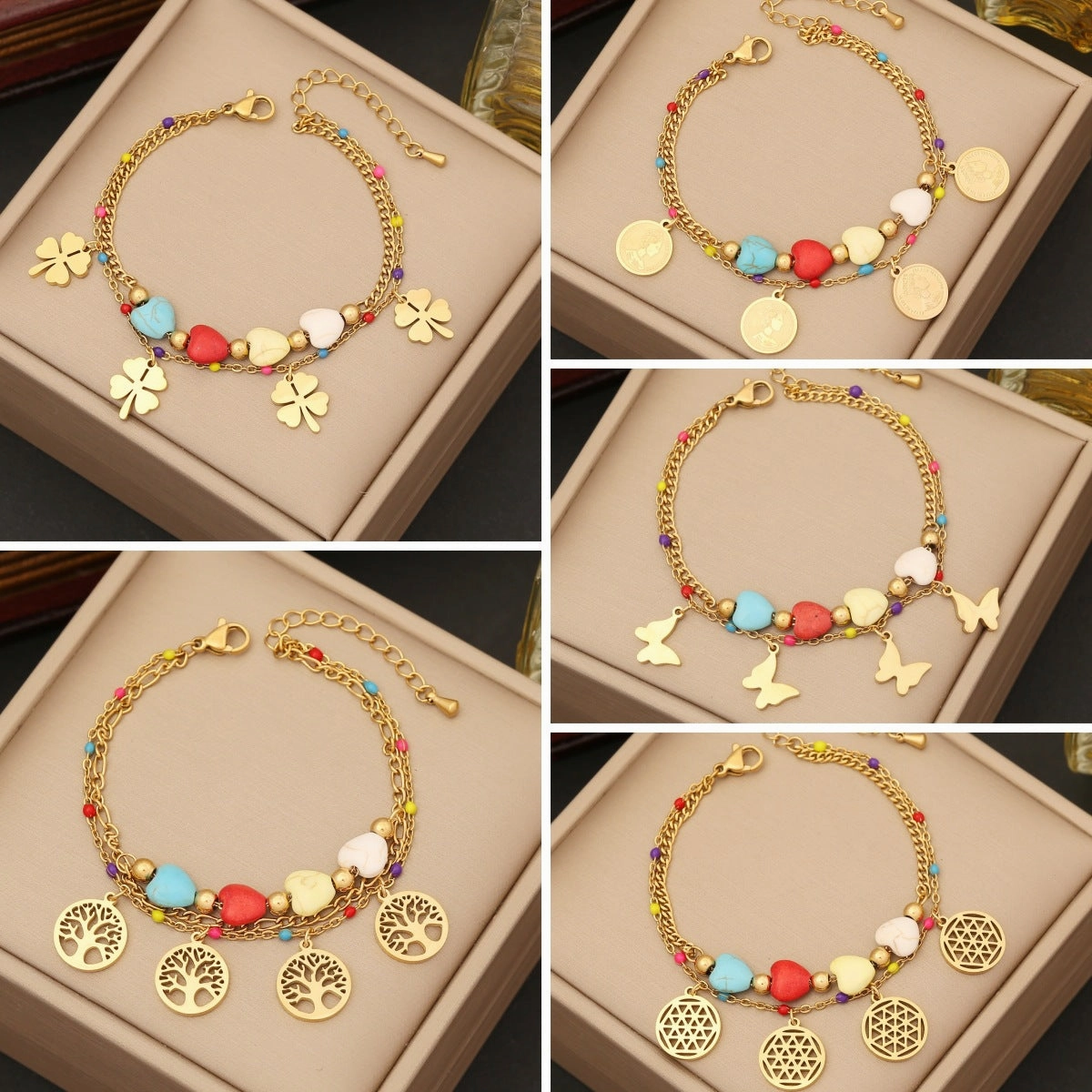 Wholesale Tree of Life Heart Turquoise Color Drip Oil Stainless Steel Bracelet