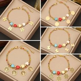 Wholesale Tree of Life Heart Turquoise Color Drip Oil Stainless Steel Bracelet