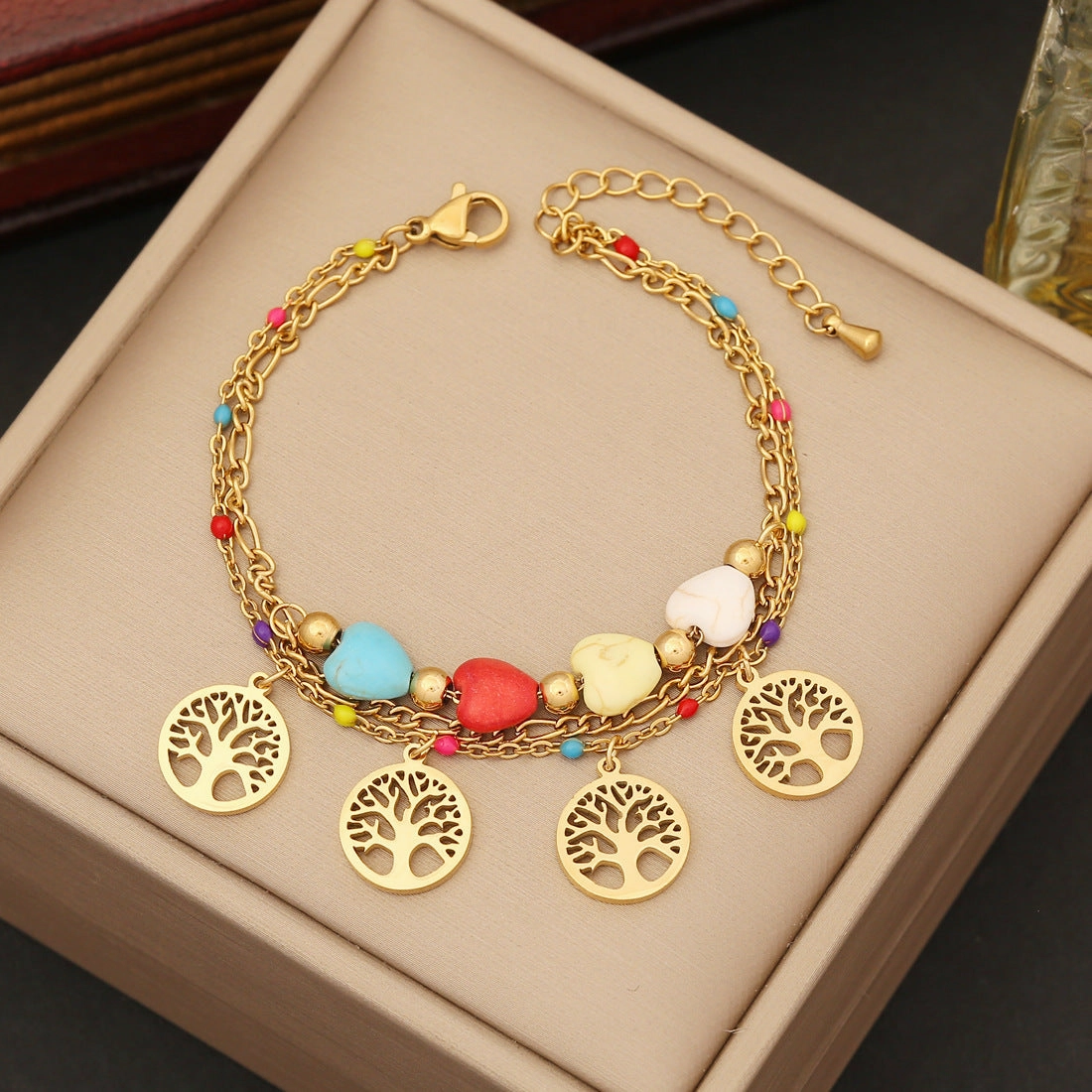 Wholesale Tree of Life Heart Turquoise Color Drip Oil Stainless Steel Bracelet