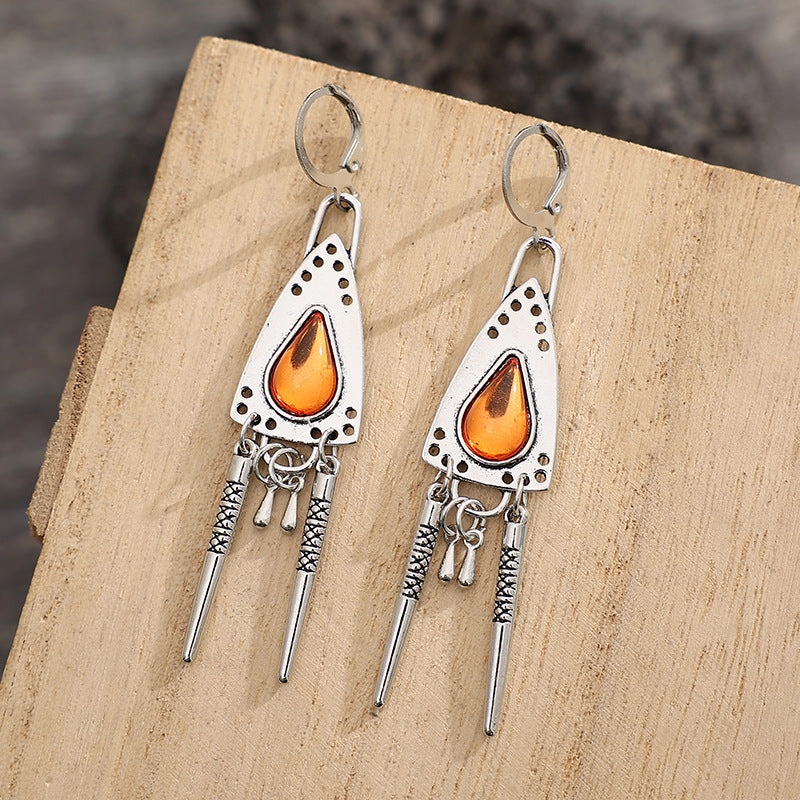 Wholesale Triangle Amber Gemstone Geometric Tassel Alloy Earrings