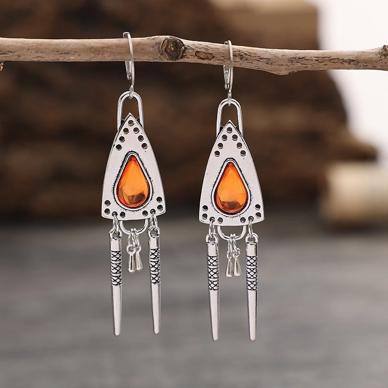 Wholesale Triangle Amber Gemstone Geometric Tassel Alloy Earrings