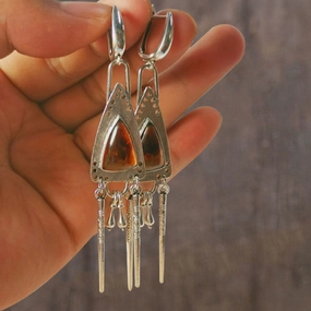 Wholesale Triangle Amber Gemstone Geometric Tassel Alloy Earrings