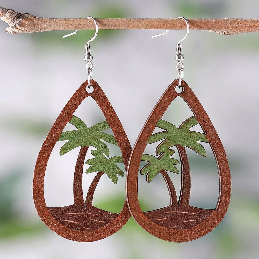 Wholesale Tropical Beach Coconut Tree Pendant Wooden Earrings