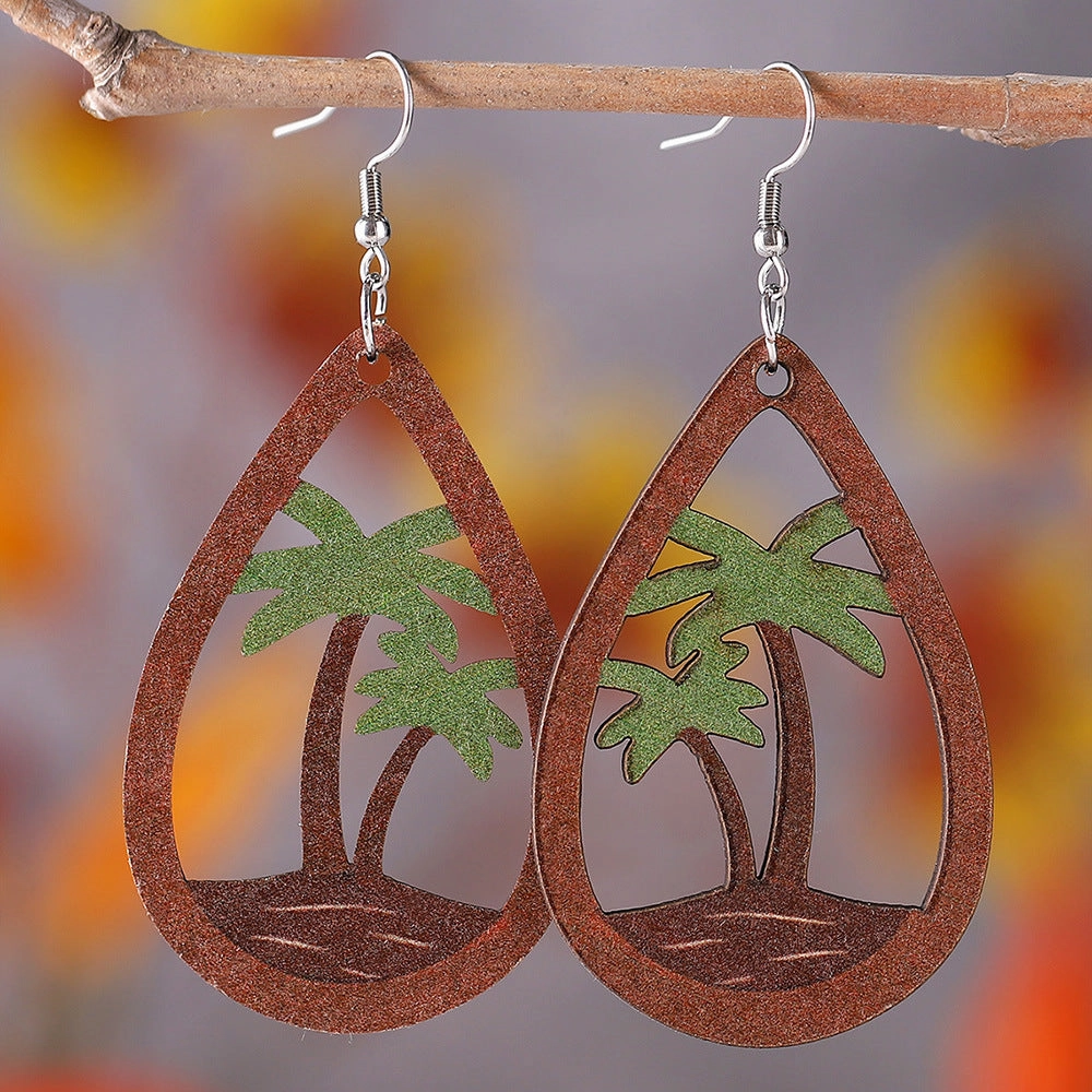 Wholesale Tropical Beach Coconut Tree Pendant Wooden Earrings