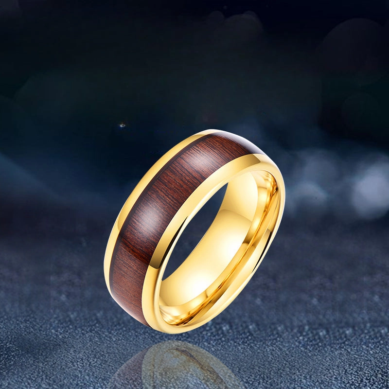 Wholesale Tungsten Steel Golden Wood Grain Black Gold Ring