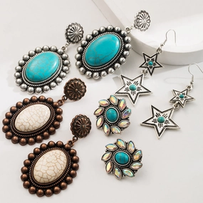 Wholesale Turquoise Alloy Vintage Geometric Bohemian Style Vintage Earrings Female
