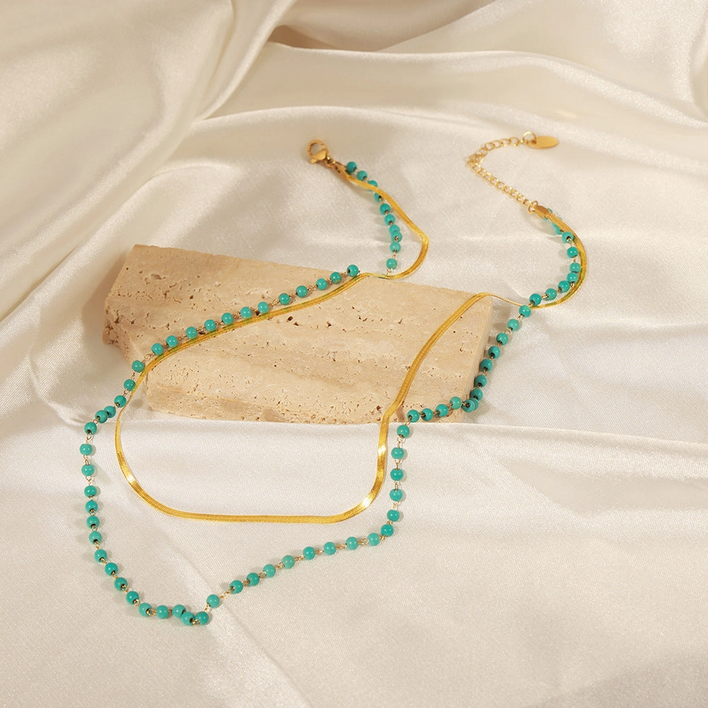 Wholesale Turquoise Beaded Double Layer Flat Snake Chain Titanium Steel Necklace