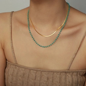 Wholesale Turquoise Beaded Double Layer Flat Snake Chain Titanium Steel Necklace