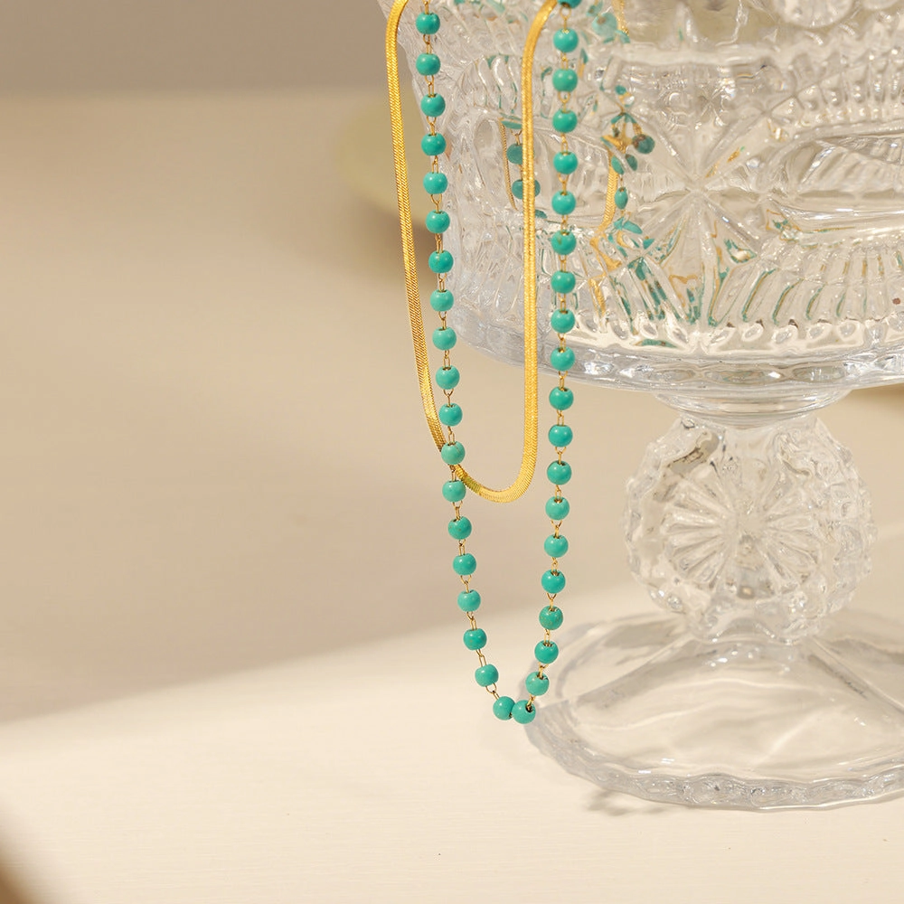 Wholesale Turquoise Beaded Double Layer Flat Snake Chain Titanium Steel Necklace