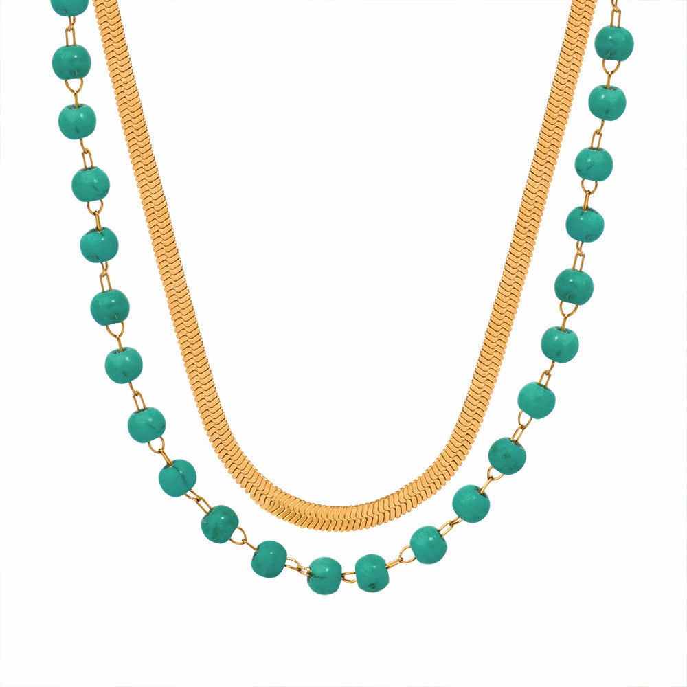 Wholesale Turquoise Beaded Double Layer Flat Snake Chain Titanium Steel Necklace