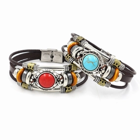 Wholesale Turquoise Beads Leather Stainless Steel Bracelet