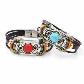 Wholesale Turquoise Beads Leather Stainless Steel Bracelet