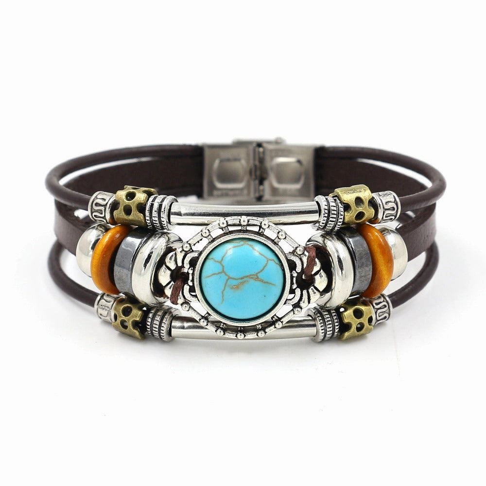 Wholesale Turquoise Beads Leather Stainless Steel Bracelet