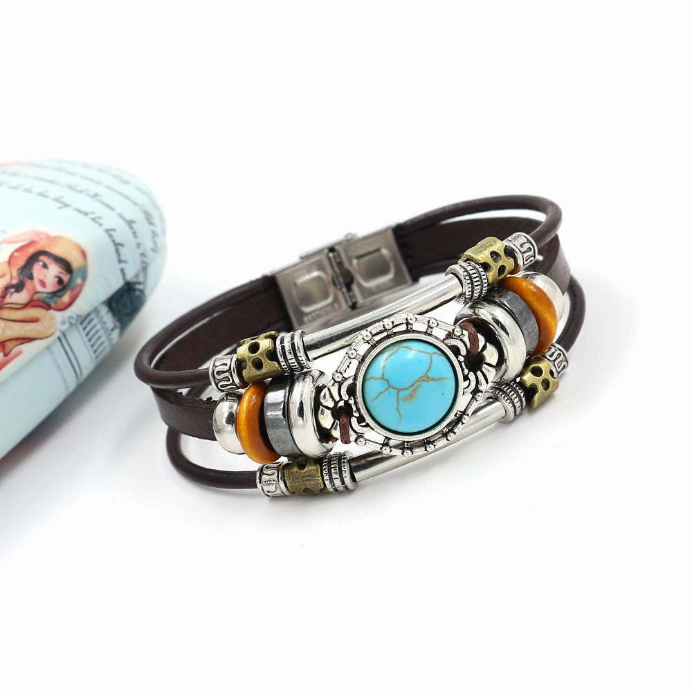 Wholesale Turquoise Beads Leather Stainless Steel Bracelet