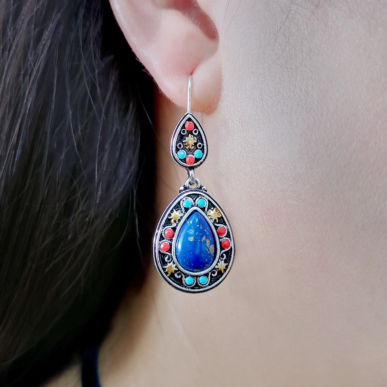 Wholesale Turquoise Blue Diamond Metal Earrings