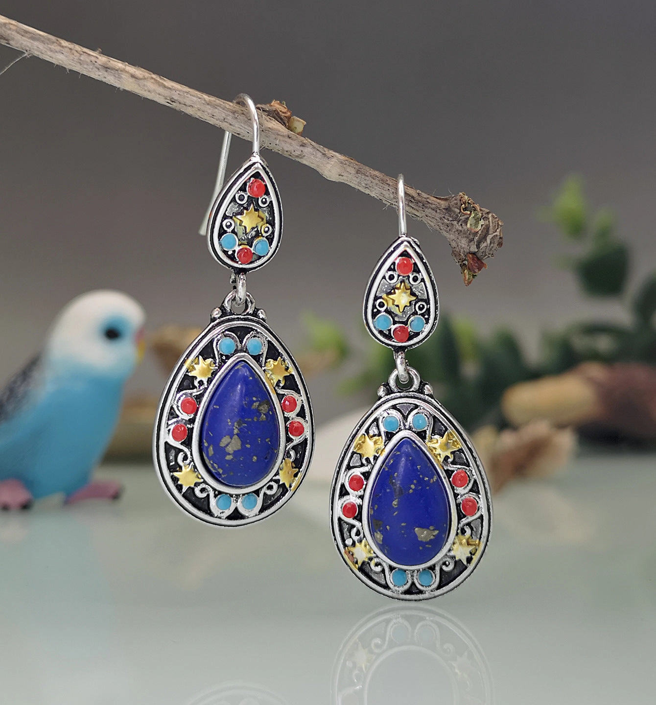 Wholesale Turquoise Blue Diamond Metal Earrings
