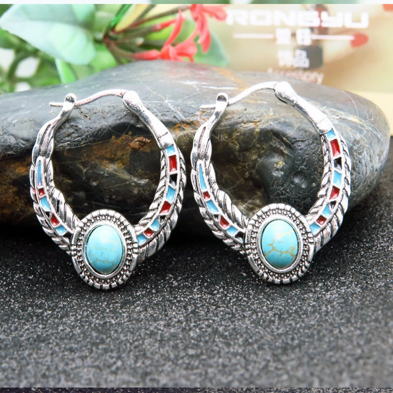 Wholesale Turquoise Eagle Feather Metal Earrings