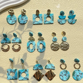 Wholesale Turquoise Geometric Metal Spliced Polymer Clay Earrings