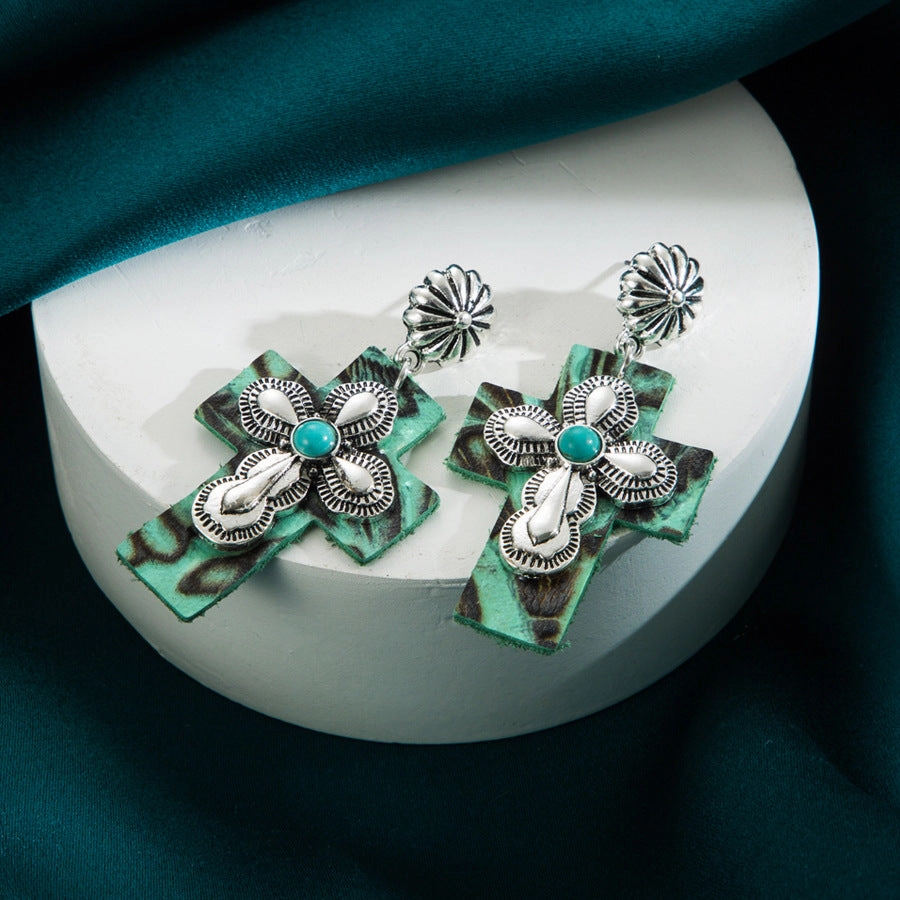 Wholesale Turquoise Leather Exaggerated Cross Earrings