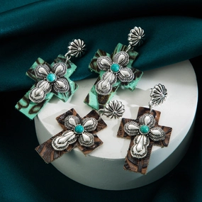 Wholesale Turquoise Leather Exaggerated Cross Earrings