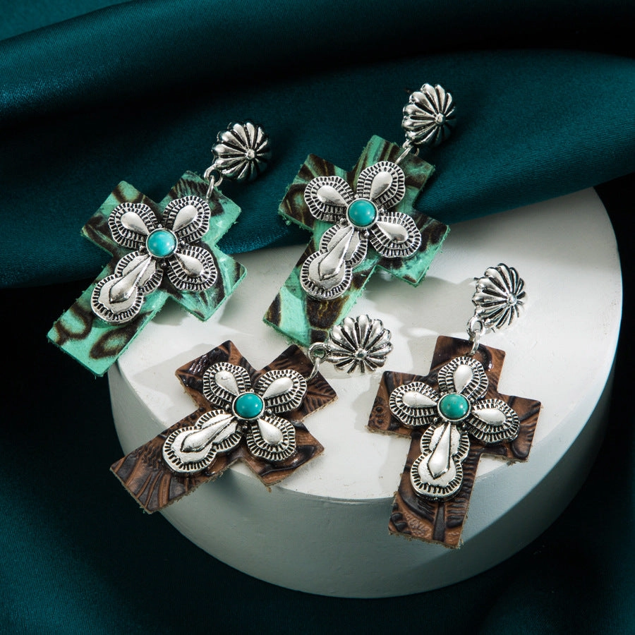 Wholesale Turquoise Leather Exaggerated Cross Earrings