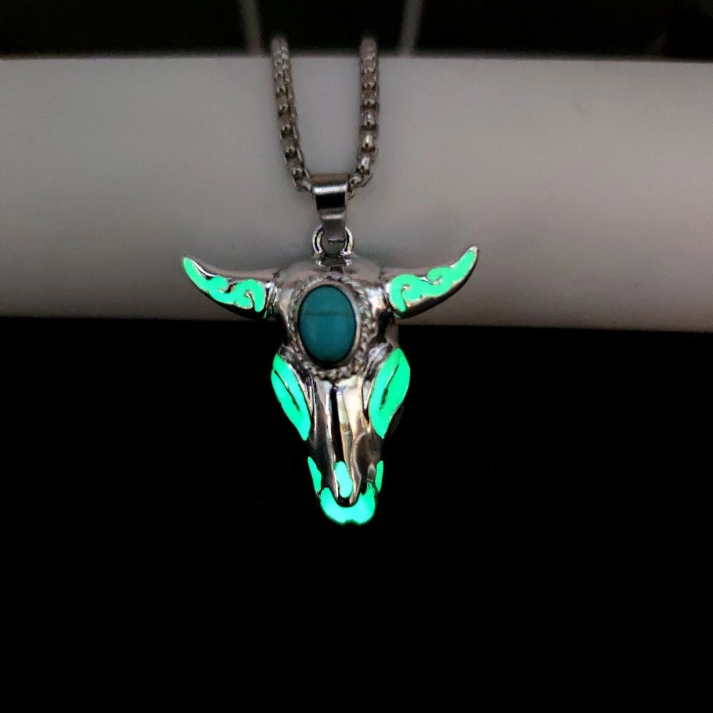 Wholesale Turquoise Skull Bull Head Stainless Steel Luminous Pendant Necklace
