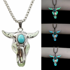 Wholesale Turquoise Skull Bull Head Stainless Steel Luminous Pendant Necklace