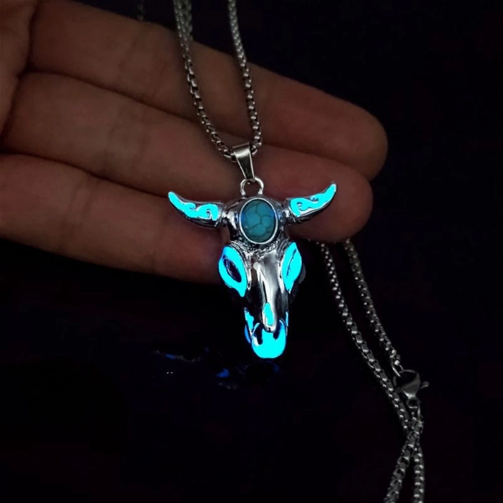 Wholesale Turquoise Skull Bull Head Stainless Steel Luminous Pendant Necklace