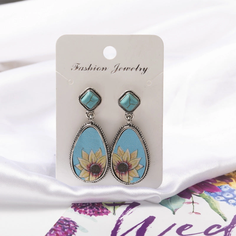 Wholesale Turquoise Sunflower Alloy Earrings