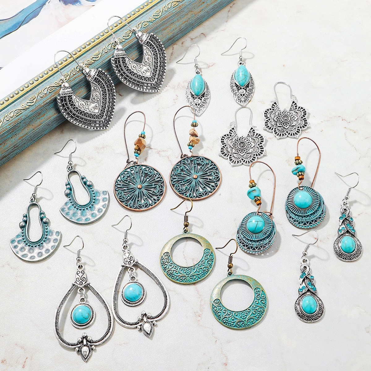 Wholesale Turquoise Vintage Bohemian Alloy Earrings
