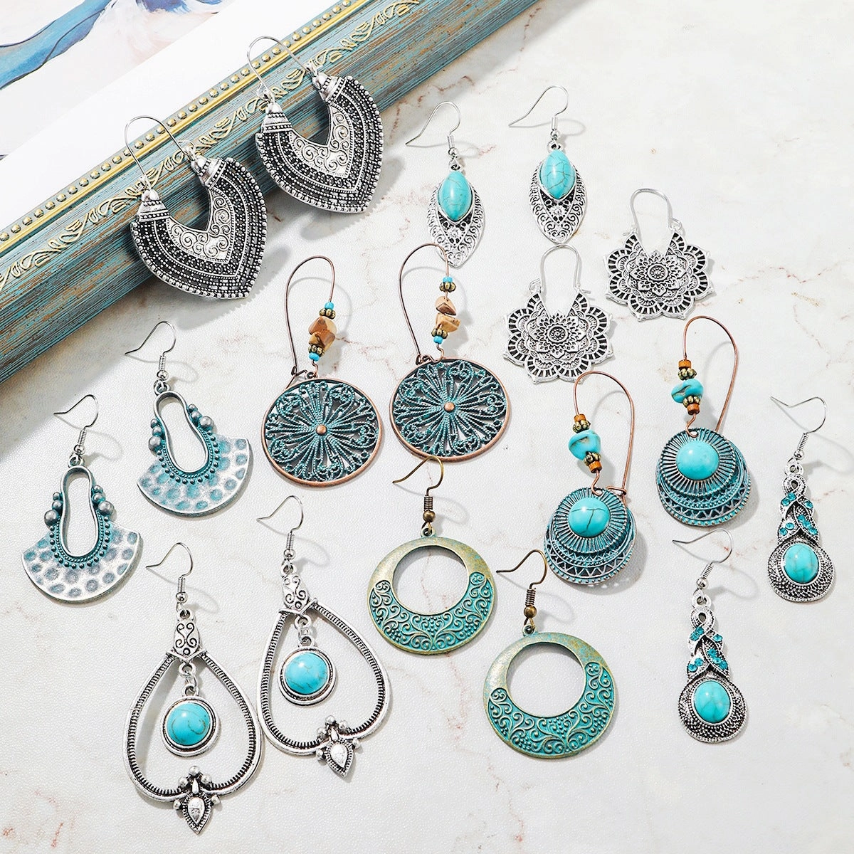 Wholesale Turquoise Vintage Bohemian Alloy Earrings