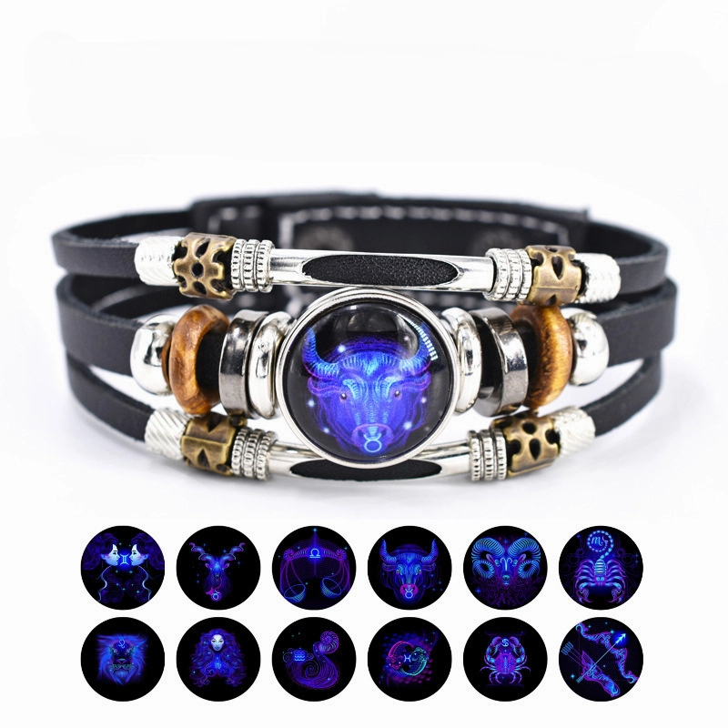 Wholesale Twelve Constellation Glow Couple Leather Strap Bracelet